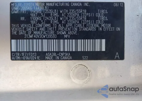 2012 Toyota Rav4 Sport z USA, uszkodzony, nr VIN 2T3WF4DV3CW139593